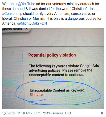 "But on Tuesday, even the word “Christian” ran afoul of the social-media giant.  Chad Robichaux reported an ad for his ministry to veterans was rejected for including the word 'Christian.' Robichaux was instructed to 'please remove the unacceptable content to continue.'” - WND 