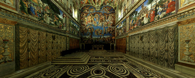 Click on graphic to open interactive Internet site.  Use your mouse to expore every painting and floor tile.   While exploring all six sides of the chapel, can you fine the copywrite logo?   