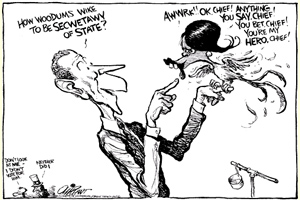 "I think this is borderline racist. There’s nothing wrong with depicting Rice as a parrot – doing so in no way makes fun of her race, and the cartoon would make just as much sense if she were white. But why did he have to draw her lips that way? Yes, it’s a cartoonist’s job to exaggerate, but a caricaturist as hugely skilled as Oliphant could have drawn Rice without reminding us of the history of racist big-lipped caricatures of blacks." - amptoons.com 