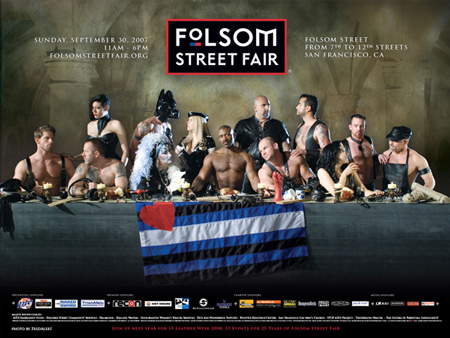 The ad is promoting the Folsom Street Fair in San Francisco -- essentially a multi-city block party for homosexuals. It shows a group of men and women scantily clad, at a long table, laden with sex toys and sado-masochistic implements. 