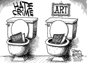 "What applies to one religion should equally apply to all, but it doesn’t. Drawing a cartoon of Mohammed warrants a death sentence, whereas a portrait of Pope Benedict XVI made out of 17,000 colored condoms (Eggs Benedict), a photograph of Christ on the crucifix in a glass of the artist’s urine (Piss Christ), and a painting of the Virgin Mary made of elephant dung and clippings of porno magazines (Black Madonna) all warrant center stage at the Museum of Modern Art. The same rules do not apply for Muslims whose religion is always protected from discussion, analysis, or criticism." - Gates Of Vienna 