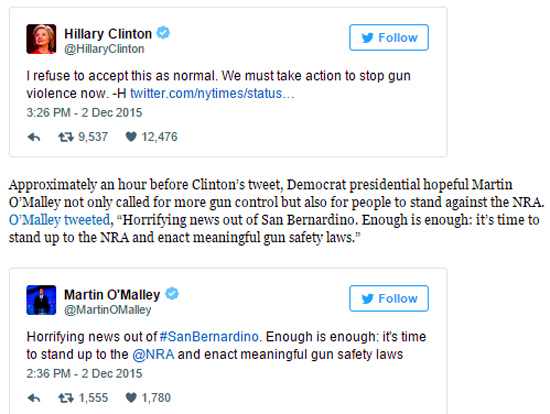 "Even as authorities were still working to clear the Inland Regional Services complex and find the attackers who caused the San Bernardino mayhem, Democrat presidential hopeful Hillary Clinton took to Twitter to call for more gun control." - Breitbart