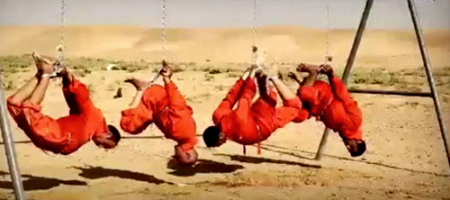 "The horror from ISIS just keeps on coming. The sad part is that people have gotten used to the atrocities and don’t even pay attention anymore. We have become desensitized to the actions of demons. ISIS took what they called four ‘Shia spies’ and strung them up on a swing set – hanging them from their feet and hands. Strung up like turkeys… then they burned them alive. These monsters should be wiped from the face of the earth and the ground salted where they stood. No mercy… no hesitation… kill them all. The execution was supposedly in retaliation for Syrian fighters committing similar atrocities against ISIS. Last week, a video circulated on social media that showed the Shia militia leader Abu Azrael torturing and killing a Sunni fighter, accused of ISIS allegiance, by burning him alive over an open pit. ISIS has richly earned whatever happens to them, but both Sunni and Shia sides are monstrous." - Patriot Unpdate