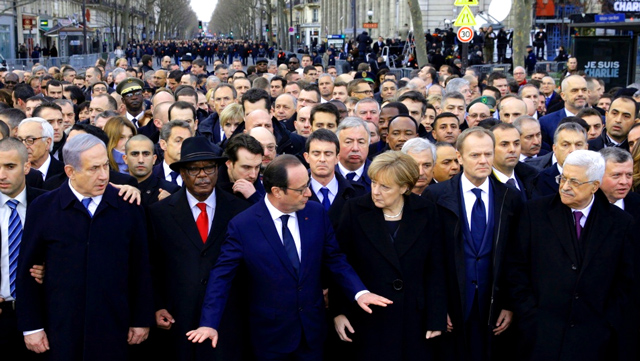 Photo of Paris unity march of January 2015 over murders by Muslim terrorists of French newspaper journalists that published cartoons of Muslim religious figures, 12 of them shot and murdered in front of their employees. All the major European leaders, along with Israeli Prime Minister, were in attendance at the protest march with President Obama refusing to acknowledge the event by not attending.  - Webmaster 