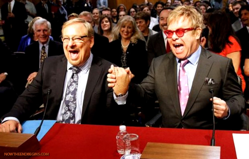 "After taking their seats at the witness table, the giddy pair laughed and smiled as they held hands, with Warren saying “Amen” and cautioning Elton John that if they kissed it would be “the kiss heard ‘round the world.” Is Rick Warren trying to tell us something here, is there a “coming out” moment in his future? Hard to say at this point, but sure looks like it." -  Now The End Begins 
