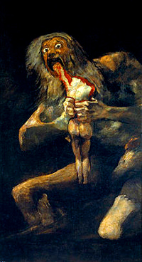 "Saturn Devouring His Son is the name given to a painting by Spanish artist Francisco Goya. According to the traditional interpretation, it depicts the Greek myth of the Titan Cronus (in the title Romanised to Saturn), who, fearing that he would be overthrown by one of his children,[1] ate each one upon their birth. The work is one of the 14 Black Paintings that Goya painted directly onto the walls of his house sometime between 1819 and 1823. It was transferred to canvas after Goya's death and has since been held in the Museo del Prado in Madrid." - Wikipedia <https://en.wikipedia.org/wiki/Saturn_Devouring_His_Son> 