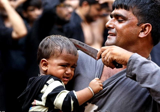"Gruesome pictures show a man holding a knife to the head of a young child in Ahmadabad, India while others show boys whipping themselves with sharp blades.  In separate images, men can be seen crying out in pain as they use knives attached to chains to cut their own backs at a mosque in Kabul, Afghanistan.  Pools of blood can be seen on the floor of the building after the men performed the ritual to mark Ashura – one of the major fixtures of the Islamic calendar." TheMuslimIssue 