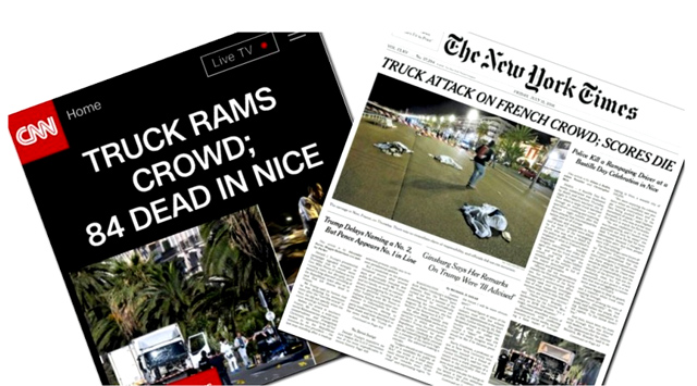 "Leftist media outlets reacted to the devastating attack in Nice not by blaming Islam or even terrorists, but by suggesting that an inanimate object – the truck – was responsible for the carnage.  Instead of pointing the finger at Islamists, CNN, CBC and the New York Times all published headlines that served to hide the true nature of the attack.  CBC reported, 'Children feared killed in Nice as truck attacks family event”. Presumably, the truck was somehow able to manifest artificial intelligence and plough itself through dozens of victims.'" - Infowars 