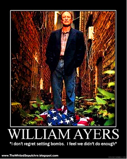 William Charles 'Bill Ayers (born December 26, 1944 in Oak Park, Illinois) is retired from the University of Illinois at Chicago and former Chicago community organizer.  He is best known as a founder of the internationally supported terrorist Weather Underground Organization (WUO), and as a good friend of U.S. President Barack Obama. The WUO has often mistakenly been labeled as a Vietnam War era protest organization, however many of the organizations activities continued well past the end of American involvement in Vietnam,[1] the fall of South Vietnam, and the victory of the atheistic Communist regime of North Vietnam, which was the groups oft stated goals. - Conservapedia 