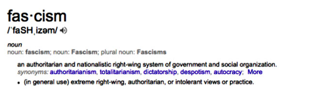 "What is most disturbing about this definition alteration is the fact that the 'liberal' protesters are the ones who are participating in fascist behavior. Their actions fall in line with the definition presented in Merrian-Webster and to some extent even the completely bogus Google definition (i.e. 'intolerant views or practice'). The MSM and others have adopted this definition without question and in turn, this view of fascism is leaking into the popular vernacular and thus alienating conservative individuals." - Gateway Pundit 