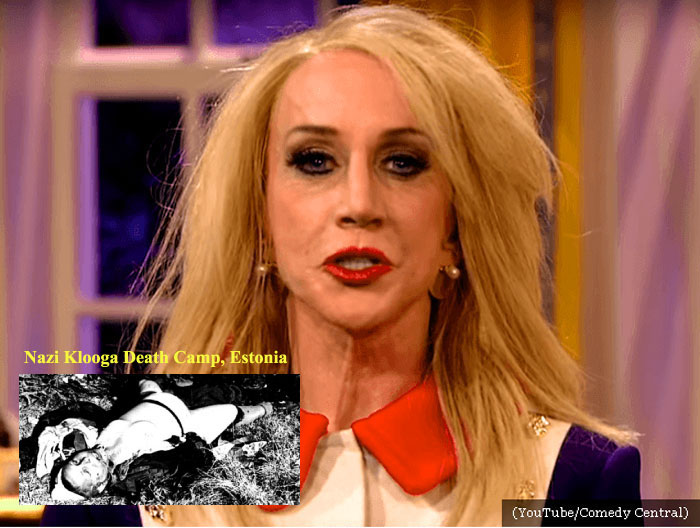 Photo of Kathy Griffin and a Nazi death camp, which she compares to Trump administration.  What an idiot, an ugly American. - Webmaster 