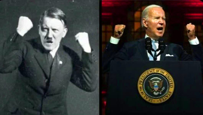 Just like the biggest dictator-looking set ever. Surreal. It’s surreal… If you can’t look at the photos and imagery that came out from Biden last night that without a doubt, it was the worst staging in the history of American politics… This man, our president, looked like f*cking Hitler. I’m not saying he’s Hitler. I didn’t even listen to a lot of his speech. He looked like a f*cking charicature. He looked like Hitler… - Gateway Pundit 