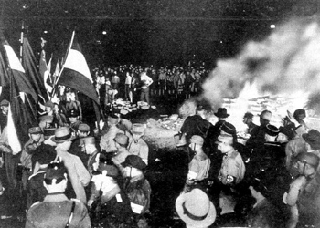 Nazi book burning by Hitler Youth and Brown Shirts, 1933.  